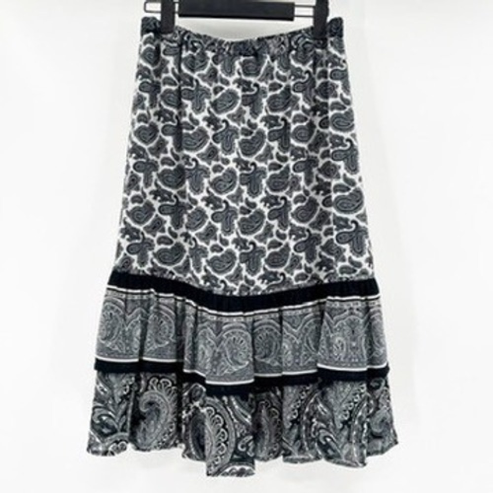Michael Kors Navy White Paisley Tiered Ruffle Midi Skirt Elastic Waist Small - Picture 3 of 5